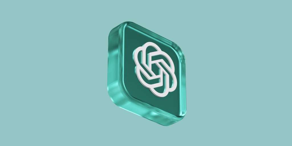 The image displays a 3D green ChatGPT logo inside a transparent cube on a teal background.