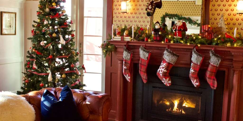 Inviting Christmas setting with stockings by the fireplace, perfect for an Exclusive Christmas Day Surprise.