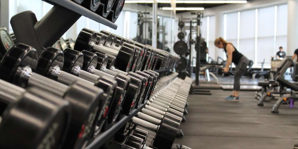 Row of dumbbells in a gym with a person in the background, illustrating Celebrity Diet Secrets fitness routines.
