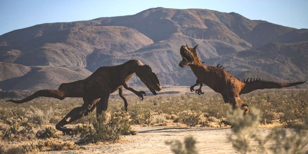 Two dinosaurs engaged in a chase across a desert landscape, illustrating Dinosaur Relationship Drama.