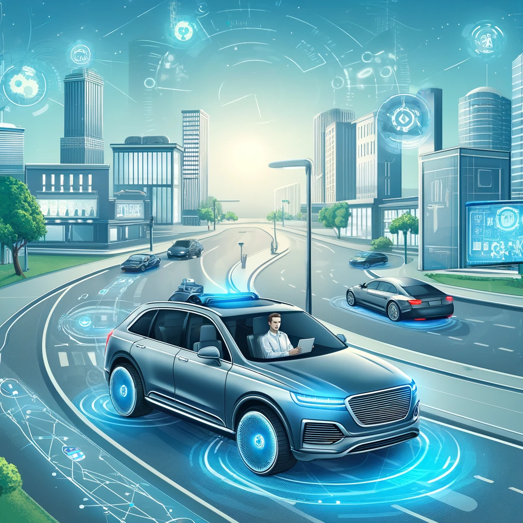 Illustration of a futuristic AI-driven autonomous car on a smart city road with a relaxed passenger inside.Explore how AI will revolutionise cars, from autonomous driving to personalised experiences. Learn about the benefits and challenges.